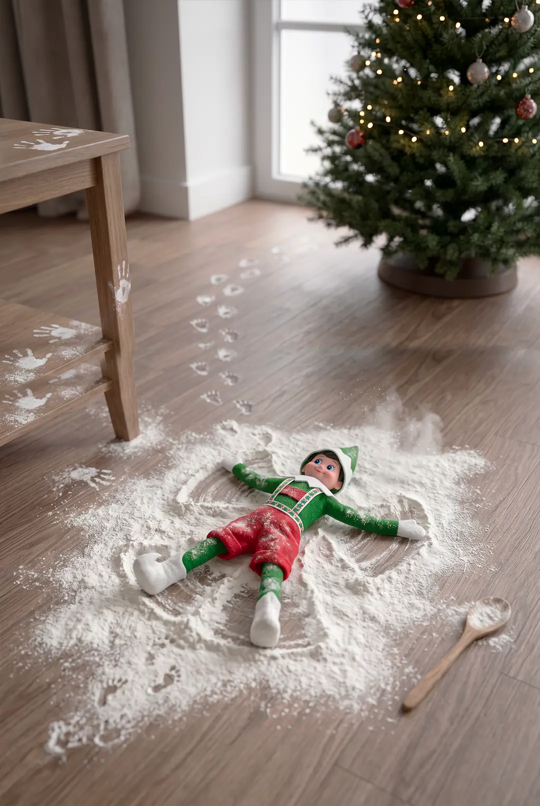 Un Lutin Farceur allongé dans la farine, les bras en croix comme un ange dans la neige