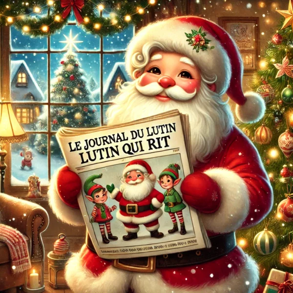 Père Noel qui tient le journal du lutin qui rit des Lutins Farceurs.